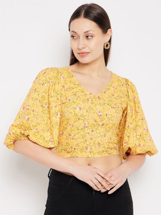 Casual Puff Sleeves Printed Women Yellow Crop Top