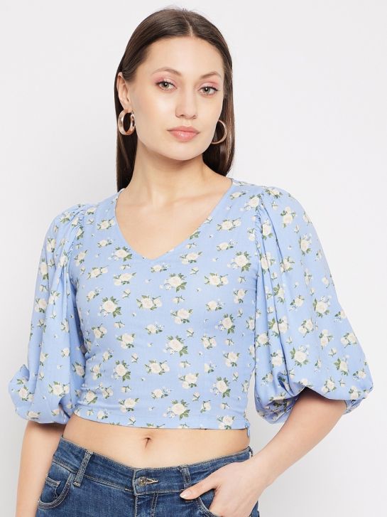 Casual Puff Sleeves Printed Women Blue Crop Top