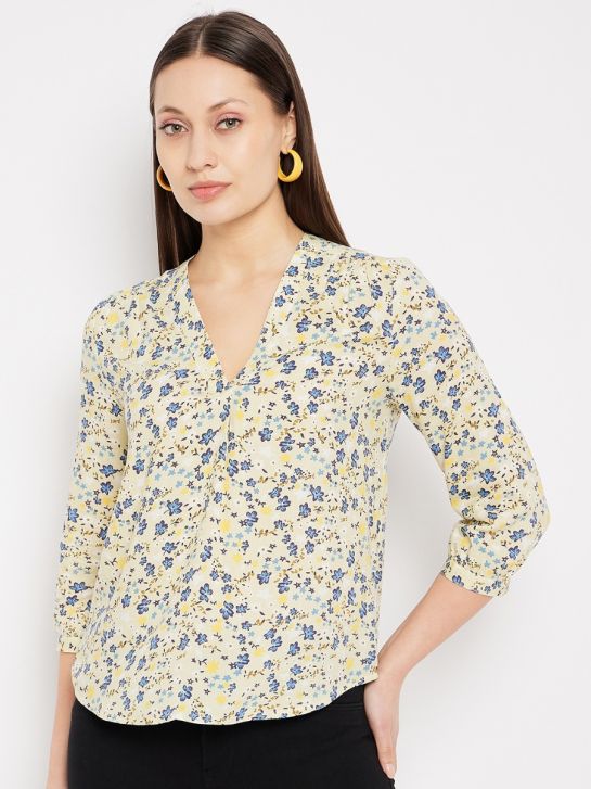 Women's Cosmic Yellow V-Neck 3/4th Sleeves Floral Print Casual Top