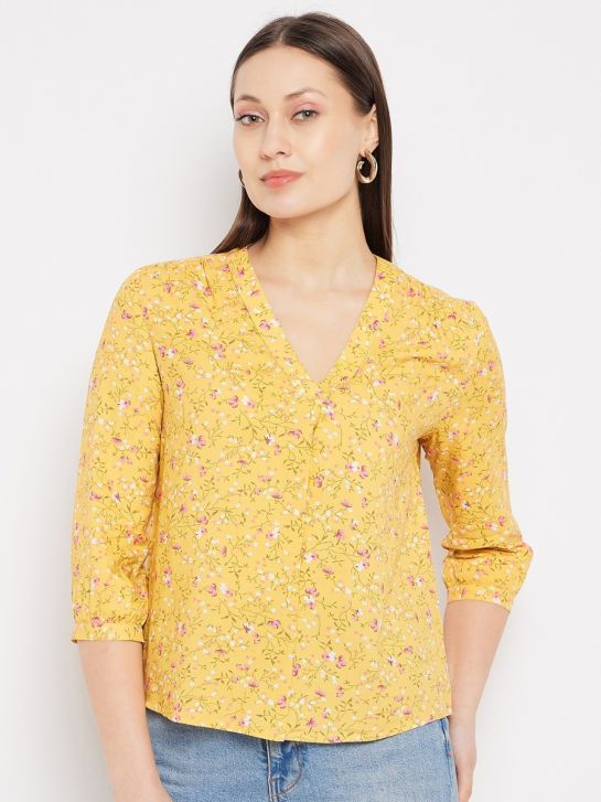 Women's Yellow V-Neck 3/4th Sleeves Floral Print Casual Top