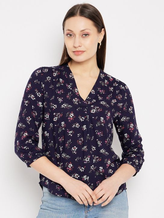 Women's Navy Blue V-Neck 3/4th Sleeves Floral Print Casual Top