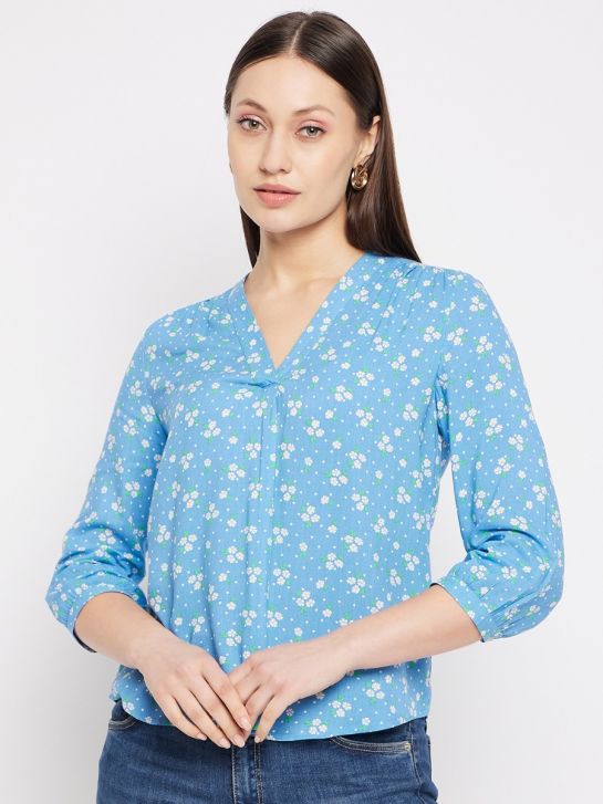 Women's Blue V-Neck 3/4th Sleeves Floral Print Casual Top