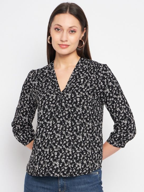 Women's Black V-Neck 3/4th Sleeves Floral Print Casual Top