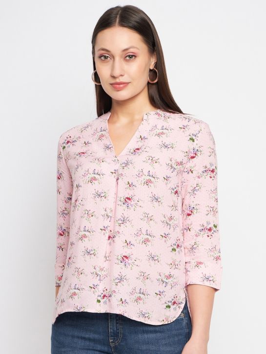 Women's Pink V-Neck 3/4th Sleeves Floral Print Casual Top