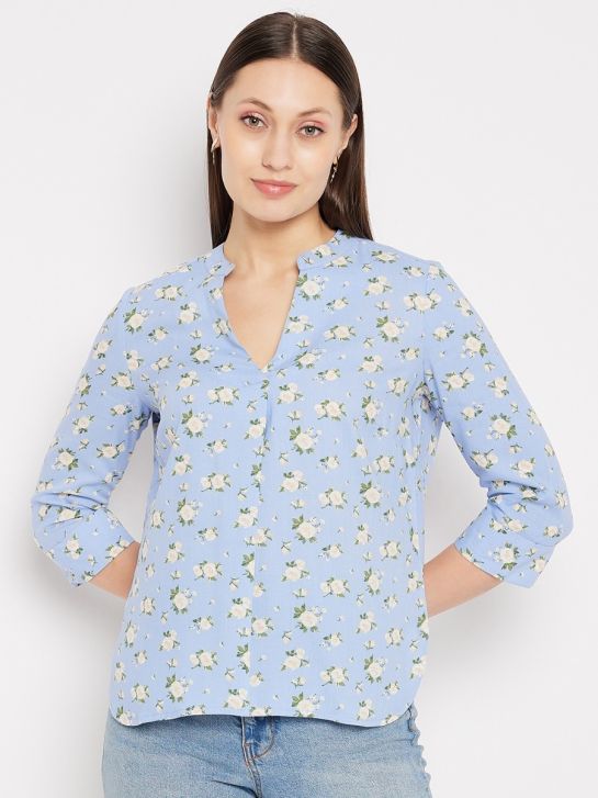Women's Blue V-Neck 3/4th Sleeves Floral Print Casual Top