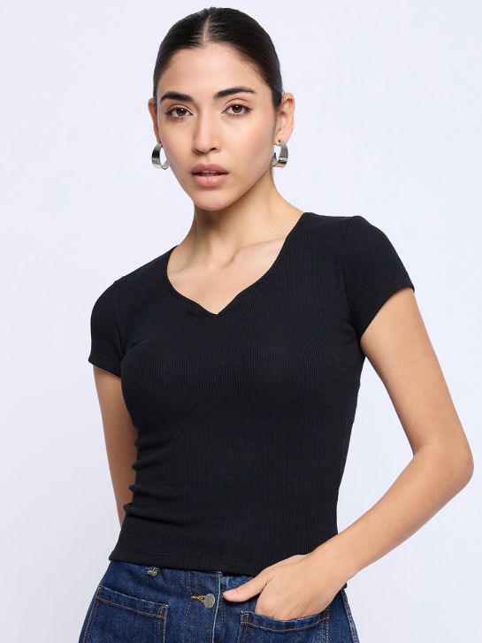 Women's Black V-Neck Short Sleeve Rib Top | Stylish & Comfortable