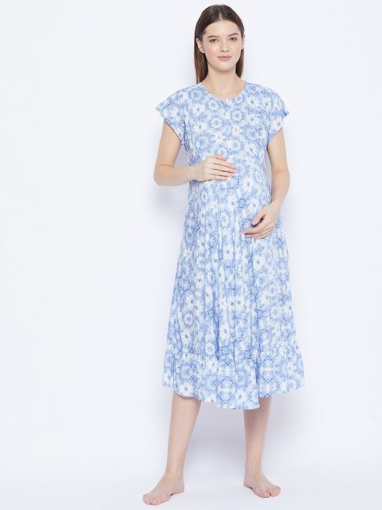 Blue and White Print Rayon Women's Maternity Dress