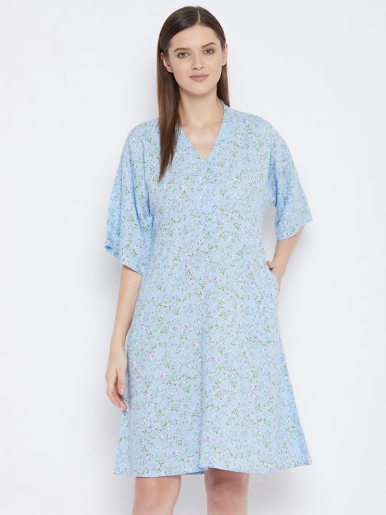 Blue Floral Print Rayon Women's Nightdress