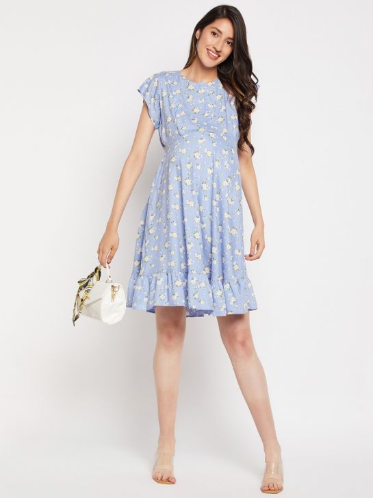 Women's Blue Floral Printed 100% Rayon Maternity A-Line Midi Dress
