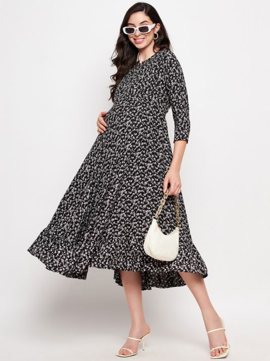 Women's Black 3/4th Sleeves Floral Print 100% Rayon Maternity Maxi Dress