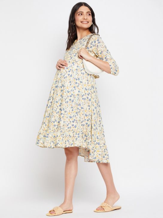 Yellow and Blue Floral Printed Rayon Women's Maternity Dress