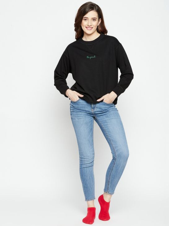 Women Oversized Sweatshirt Black Full Sleeve Fleece Solid EMD On Chest "the grinch”