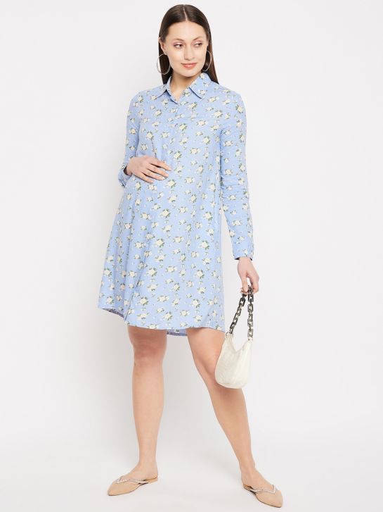 Blue Floral Printed Long Sleeves Button Down Maternity Shirt