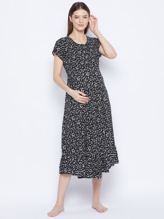 Black and White Floral Print Rayon Women's Maternity Dress