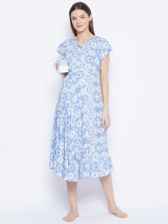 Blue and White Print Rayon Women's Maternity Dress