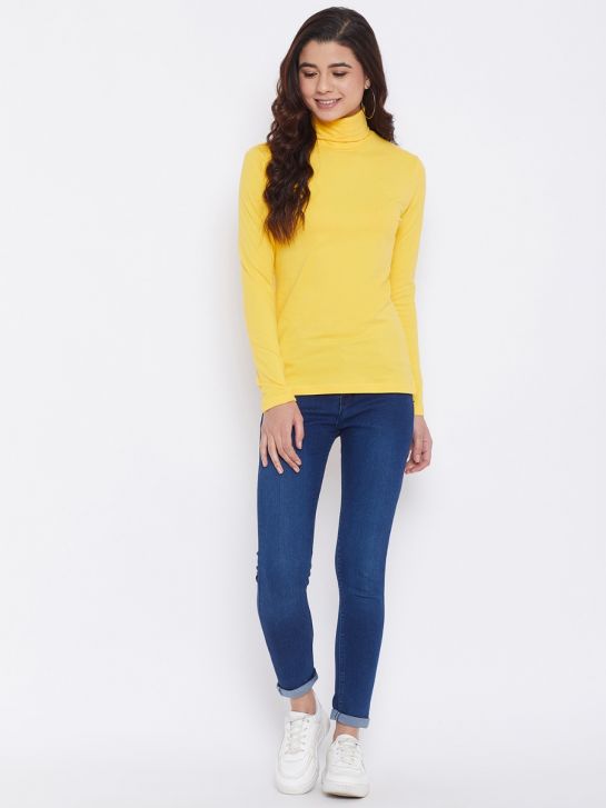 Women's Yellow Cotton High Neck T-Shirt