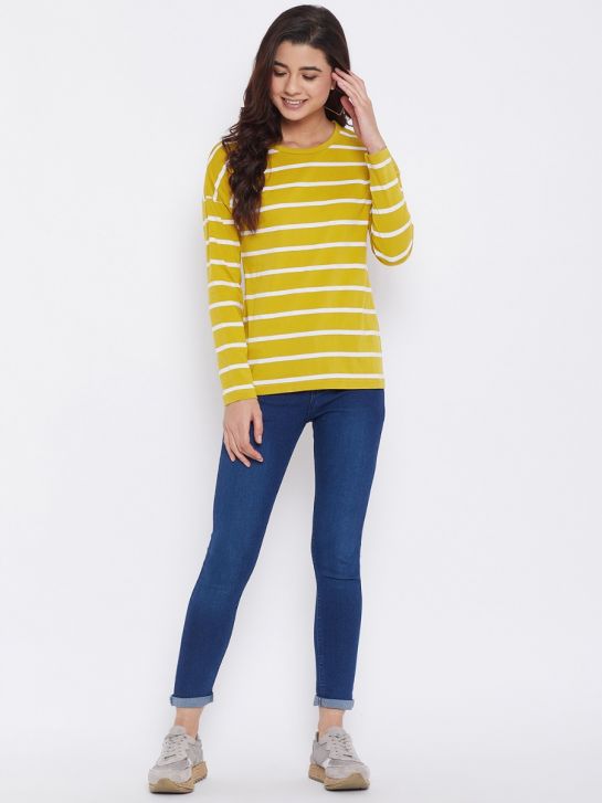 Women's Yellow and Ecru Stripe Cotton T-Shirt