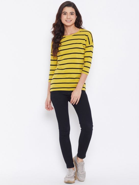 Women's Yellow and Black Stripe Cotton T-Shirt
