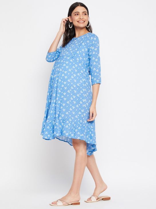 Blue and White Floral Printed Rayon Women's Maternity Dress