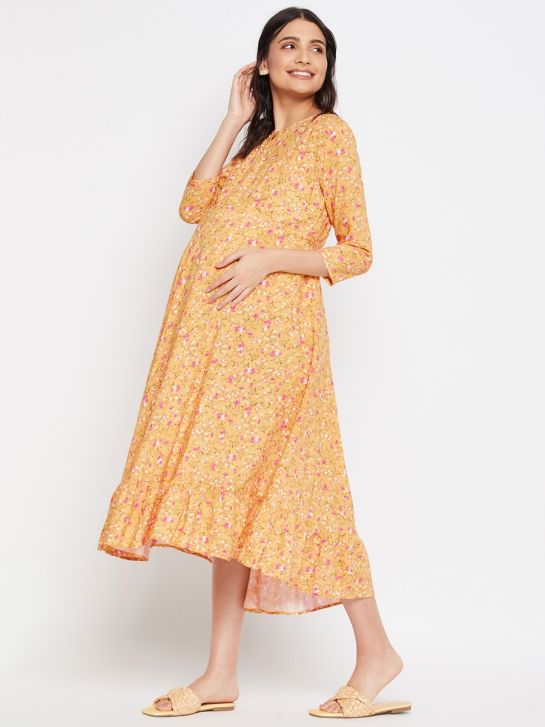 Yellow and Red Floral Printed Rayon Women's Maternity Maxi Dress