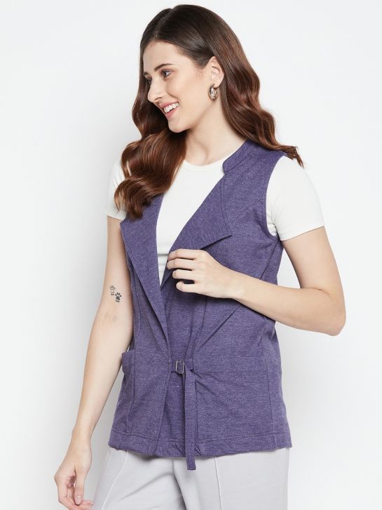 Purple Sleeveless Cotton Tie-up Front Pocket Shrug For Women's