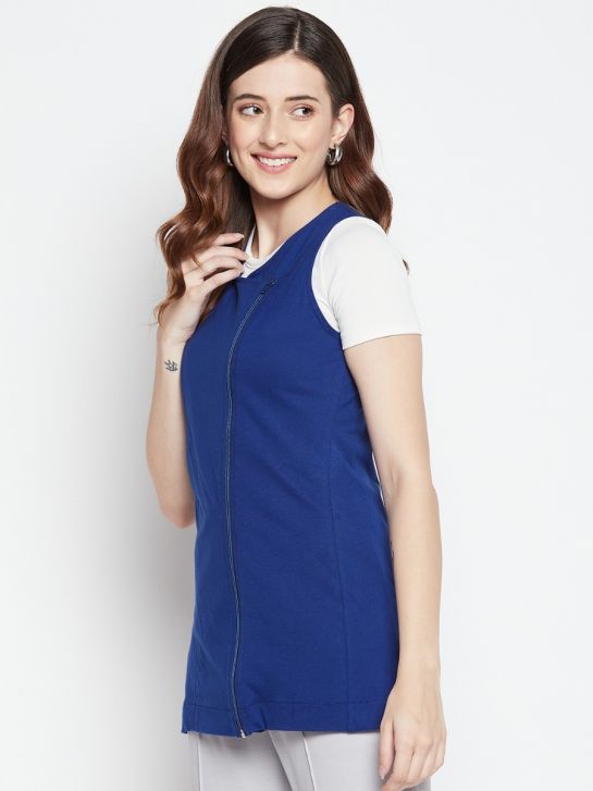 Royal Blue Sleeveless Cotton Zipper Shrug For Women's