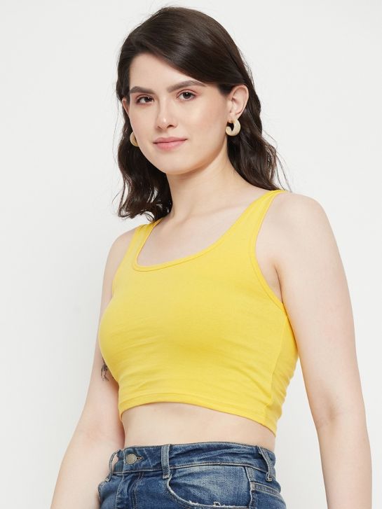 Yellow Sleeveless Cotton Lycra Square Neck Crop Top for Women