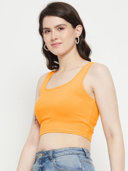 Orange Sleeveless Cotton Lycra Square Neck Crop Top for Women