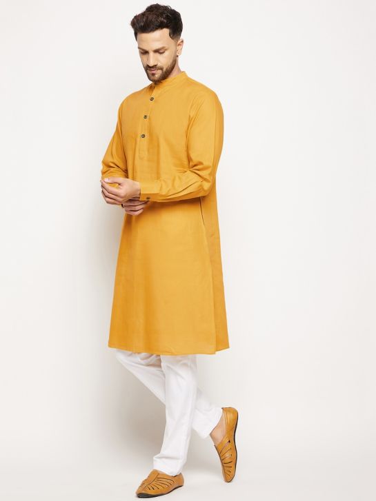 Men Solid Pure Cotton Long Sleeves A-line Gold Kurta
