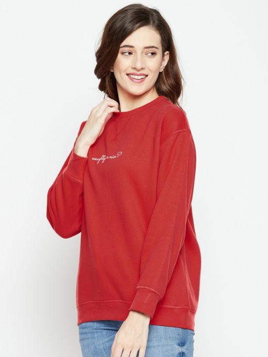 Women Oversized Sweatshirt Red Full Sleeve Fleece Solid EMD On Chest 