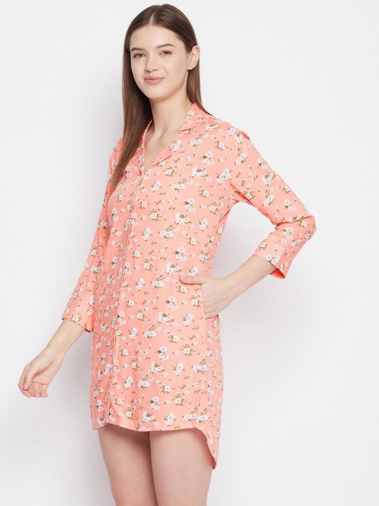 Peach Floral Print Rayon Women's Sleepshirt