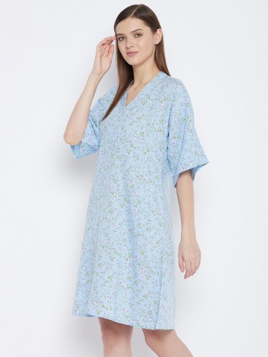 Blue Floral Print Rayon Women's Nightdress