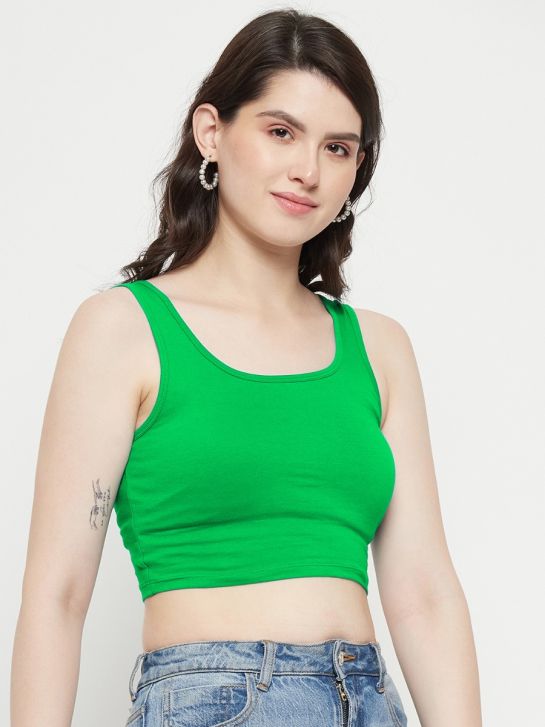 Green Sleeveless Cotton Lycra Square Neck Crop Top for Women