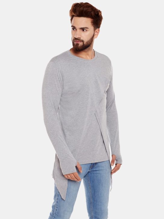 Men Grey Solid Layered Longline Slim Fit T-shirt