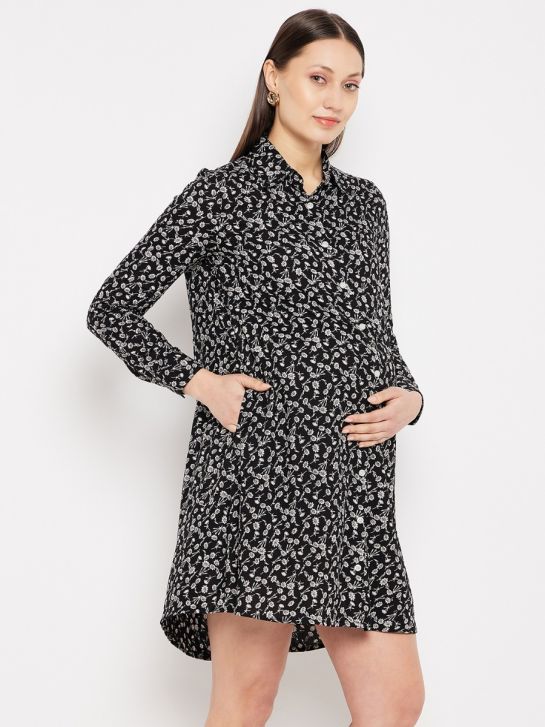 Black and White Floral Printed Maternity Shirt