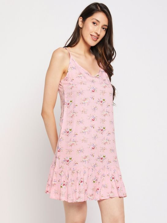 Women's Pink Floral Printed 100% Rayon Nightdress