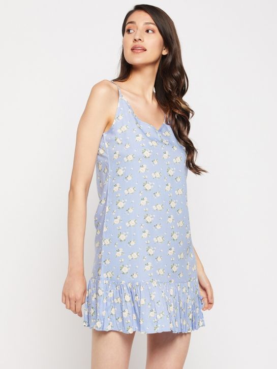 Women's Blue Floral Printed 100% Rayon Nightdress