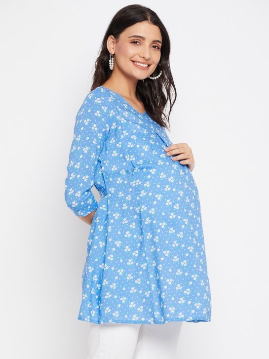 Blue and White Floral Printed Rayon Women's Maternity Top
