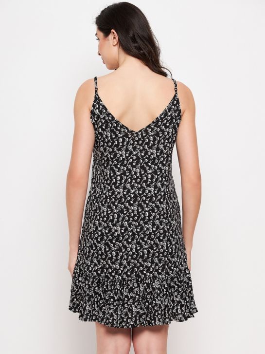 Women's Black Sleeveless Floral Print 100% Rayon Nightdress