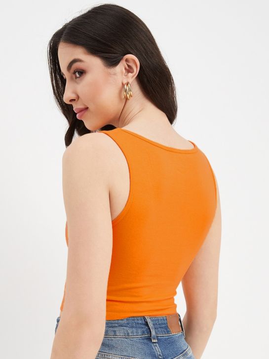 Women Orange Cotton Lycra Round Neck Sleeveless Crop Top
