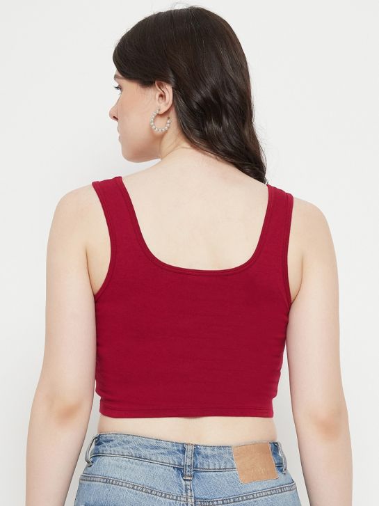 Maroon Sleeveless Cotton Lycra Square Neck Crop Top for Women