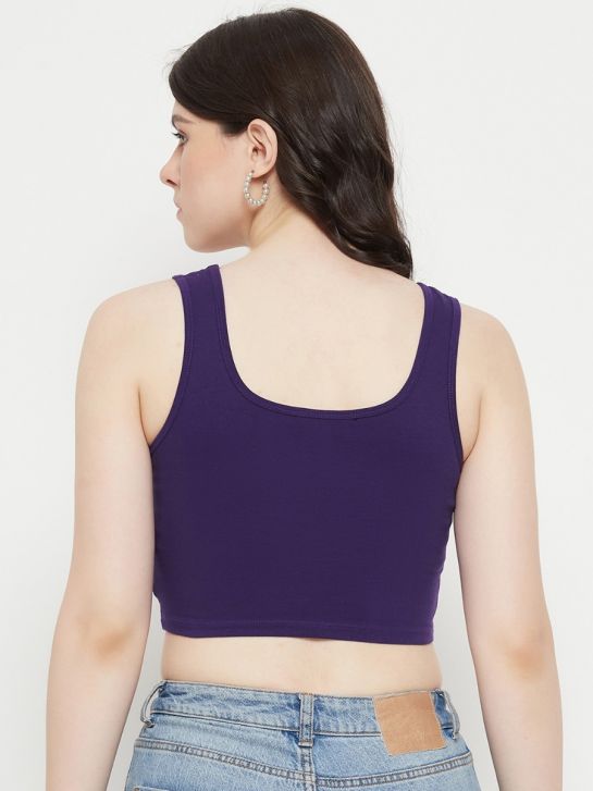 Purple Sleeveless Cotton Lycra Square Neck Crop Top for Women