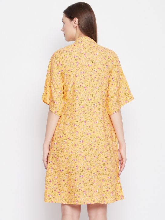 Yellow Floral Print Rayon Crepe Women's Nightdress