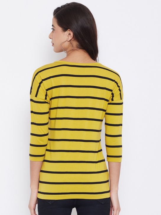 Women's Yellow and Black Stripe Cotton T-Shirt
