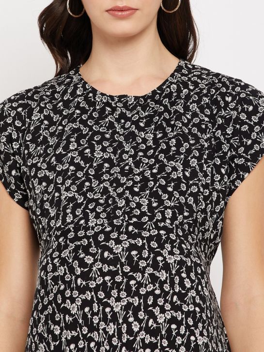 Women's Black Short Sleeves Floral Print 100% Rayon Maternity Midi Dress
