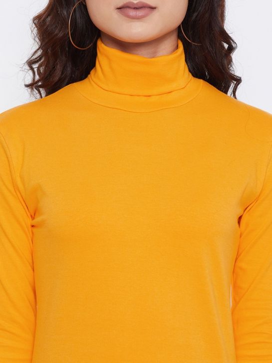 Women's Yellow High Neck Cotton T-Shirt