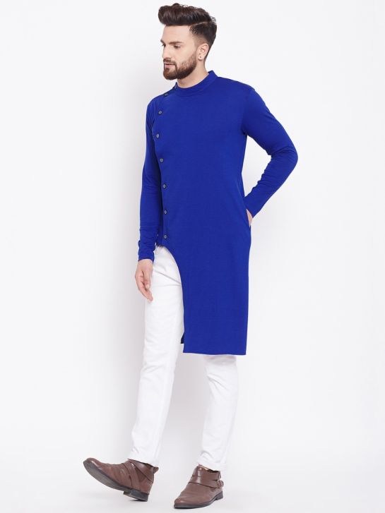Men Royal Blue Self Design Cotton Blend U-Turn Asymmetric Kurta