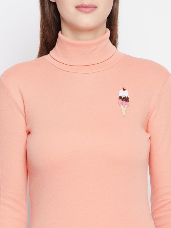 Women's Peach Cotton High Neck T-Shirt