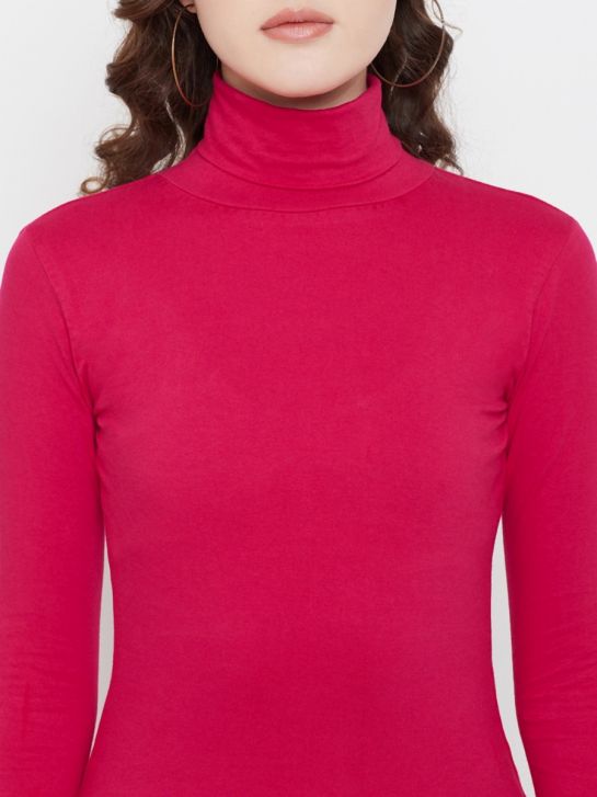 Women's Pink Cotton High Neck T-shirt