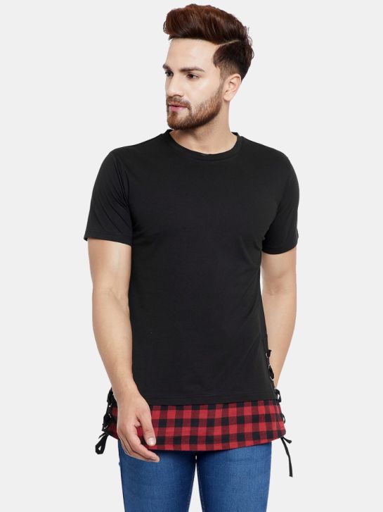 Men's Black Color Cotton Short Sleeves Round Neck T-shirt with checked Hemline